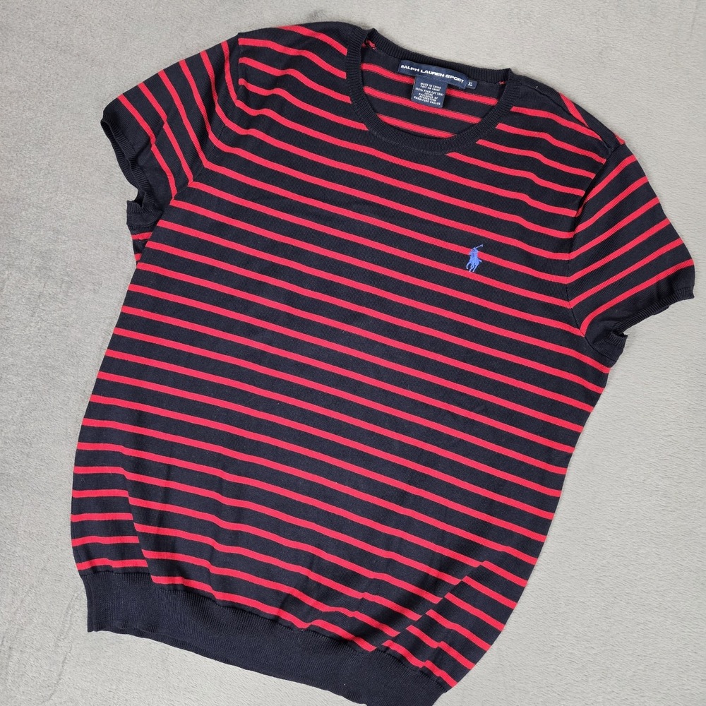 VTG Ralph Lauren Sport T-Shirt Womens XL Red Navy Striped Cotton Short Sleeve
